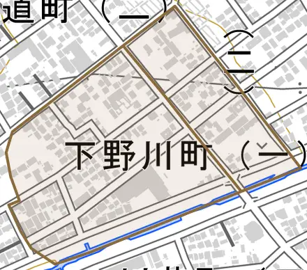 下野川町とその周辺の地図。町の範囲を重ねている