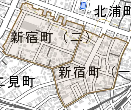 新宿町とその周辺の地図。町の範囲を重ねている