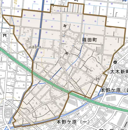 篠田町とその周辺の地図。町の範囲を重ねている