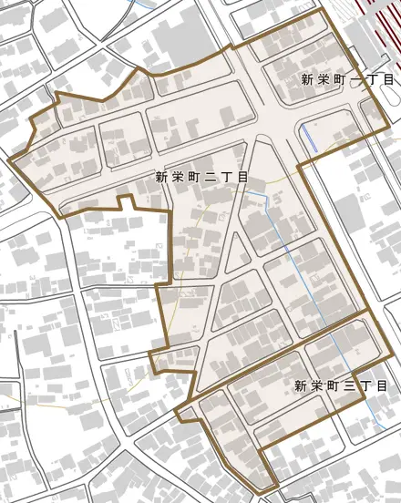 新栄町とその周辺の地図。町の範囲を重ねている