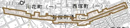 新桜町通とその周辺の地図。町の範囲を重ねている