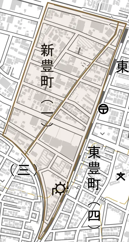 新豊町とその周辺の地図。町の範囲を重ねている