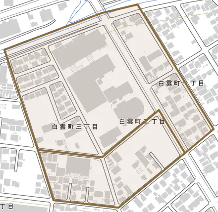 白雲町とその周辺の地図。町の範囲を重ねている
