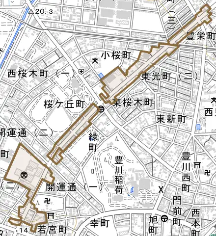 末広通とその周辺の地図。町の範囲を重ねている