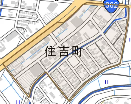 住吉町とその周辺の地図。町の範囲を重ねている