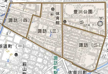 諏訪とその周辺の地図。町の範囲を重ねている