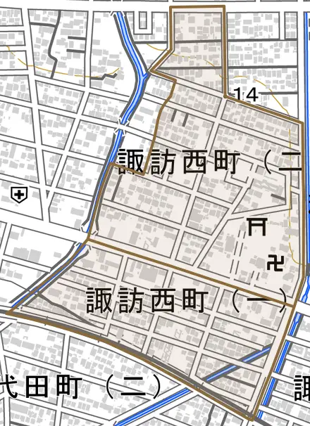 諏訪西町とその周辺の地図。町の範囲を重ねている