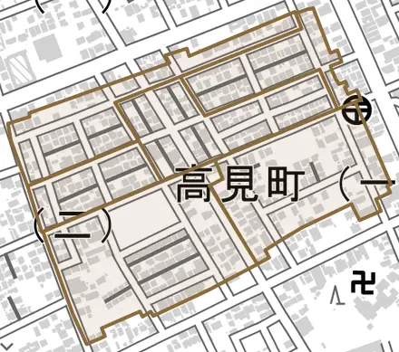 高見町とその周辺の地図。町の範囲を重ねている