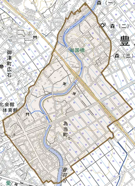 為当町とその周辺の地図。町の範囲を重ねている