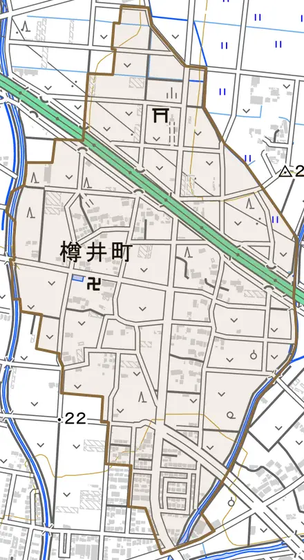 樽井町とその周辺の地図。町の範囲を重ねている