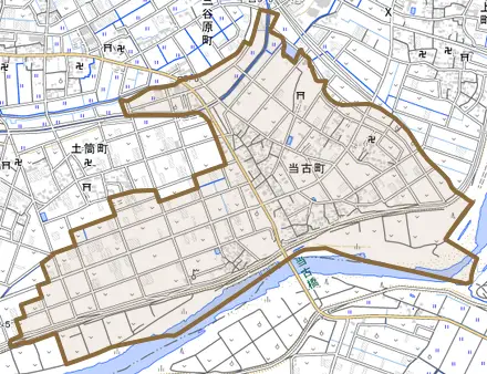 当古町とその周辺の地図。町の範囲を重ねている