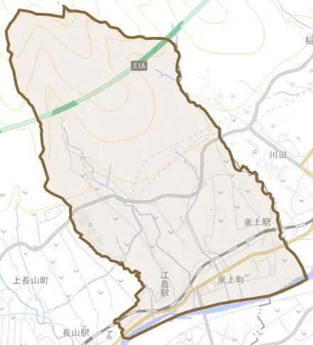 東上町とその周辺の地図。町の範囲を重ねている