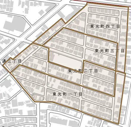 東光町とその周辺の地図。町の範囲を重ねている