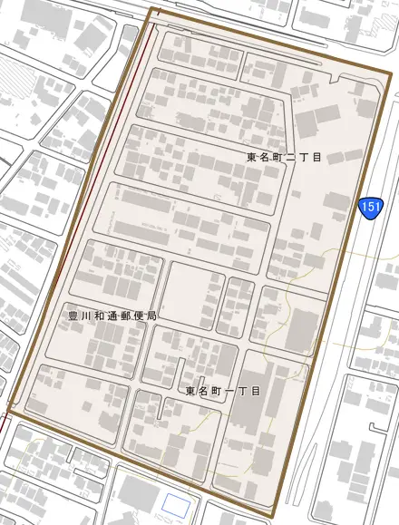 東名町とその周辺の地図。町の範囲を重ねている