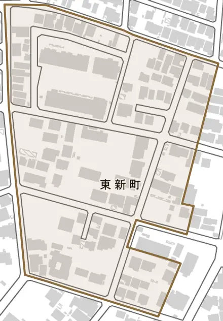 東新町とその周辺の地図。町の範囲を重ねている