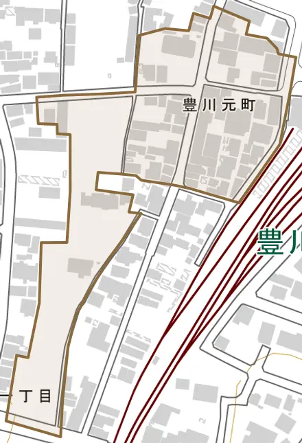 豊川元町とその周辺の地図。町の範囲を重ねている