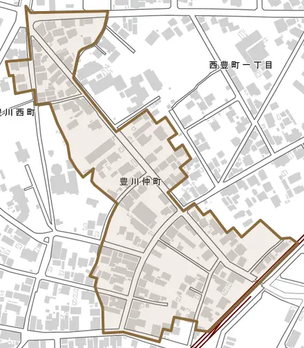 豊川仲町とその周辺の地図。町の範囲を重ねている