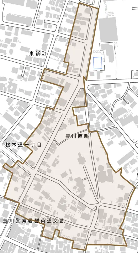 豊川西町とその周辺の地図。町の範囲を重ねている