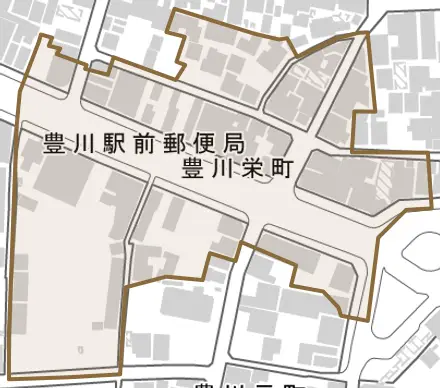 豊川栄町とその周辺の地図。町の範囲を重ねている