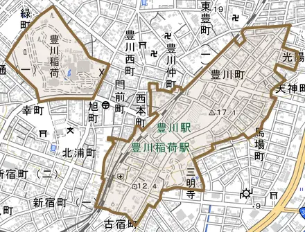 豊川町とその周辺の地図。町の範囲を重ねている