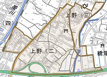 上野とその周辺の地図。町の範囲を重ねている