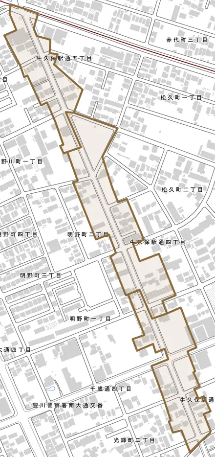 牛久保駅通とその周辺の地図。町の範囲を重ねている