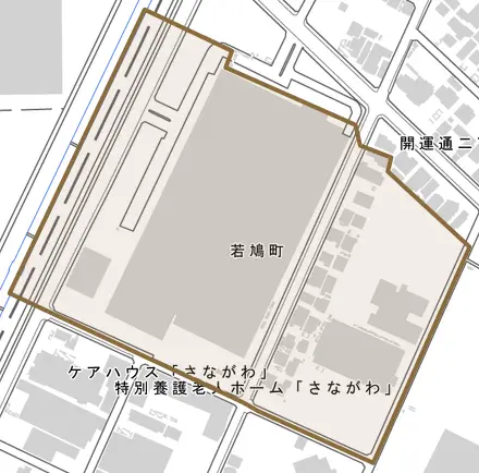若鳩町とその周辺の地図。町の範囲を重ねている