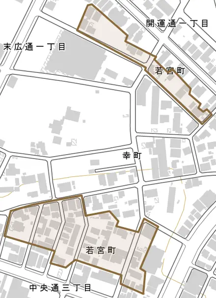 若宮町とその周辺の地図。町の範囲を重ねている