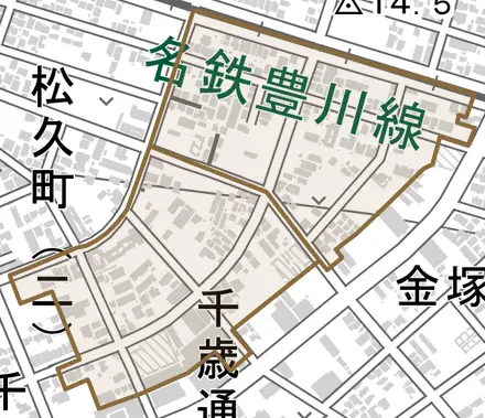 山道町とその周辺の地図。町の範囲を重ねている