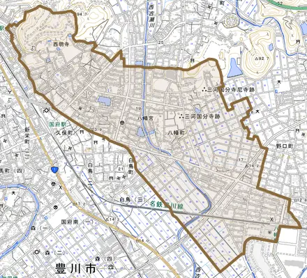 八幡町とその周辺の地図。町の範囲を重ねている