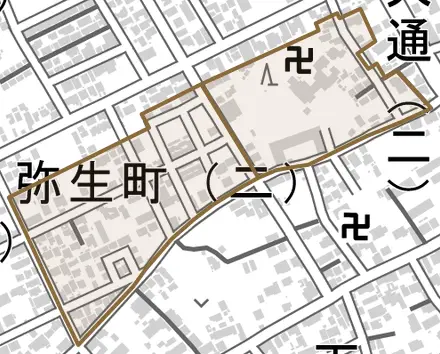 弥生町とその周辺の地図。町の範囲を重ねている