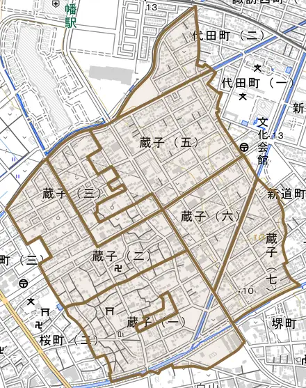 蔵子とその周辺の地図。町の範囲を重ねている