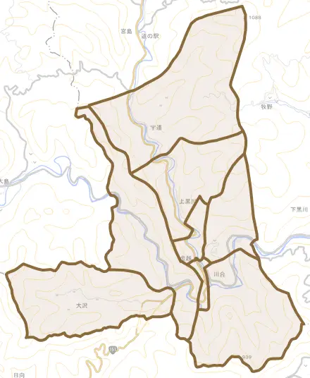 上黒川とその周辺の地図。町の範囲を重ねている