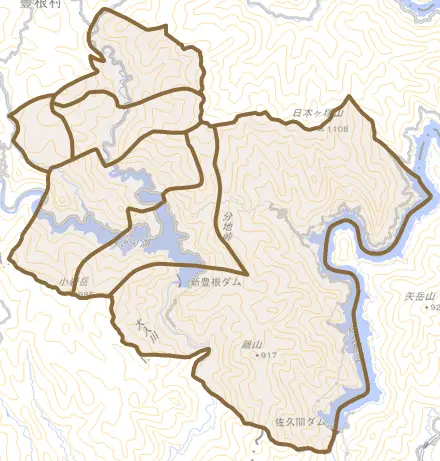 古真立とその周辺の地図。町の範囲を重ねている