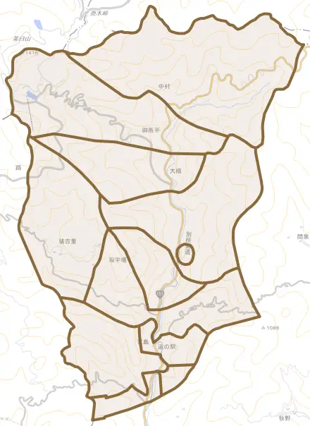 坂宇場とその周辺の地図。町の範囲を重ねている