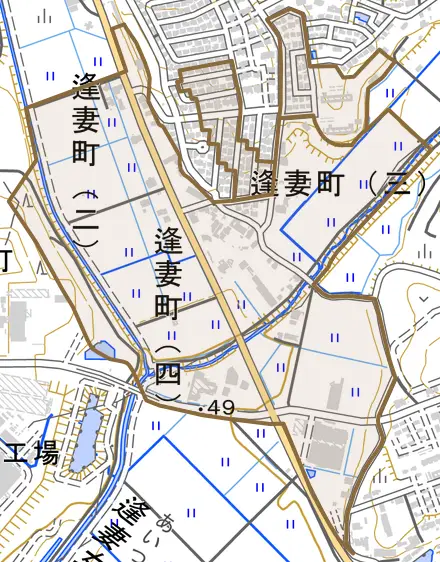 逢妻町とその周辺の地図。町の範囲を重ねている