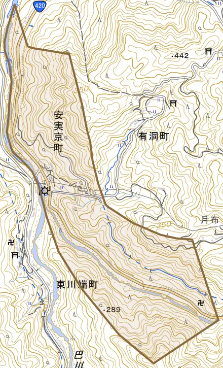 安実京町とその周辺の地図。町の範囲を重ねている