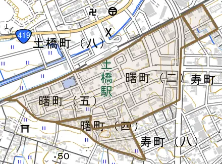 曙町とその周辺の地図。町の範囲を重ねている