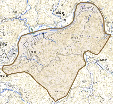 有間町とその周辺の地図。町の範囲を重ねている