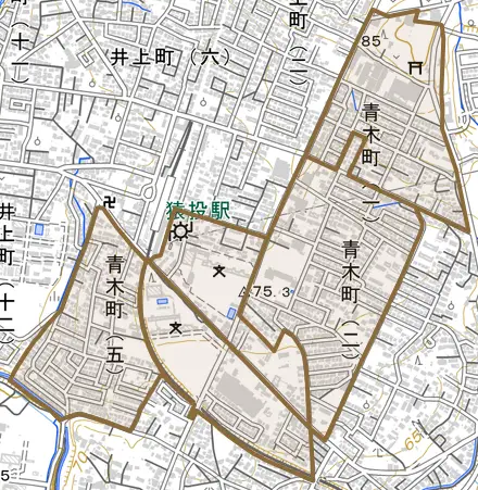 青木町とその周辺の地図。町の範囲を重ねている