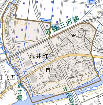 荒井町とその周辺の地図。町の範囲を重ねている