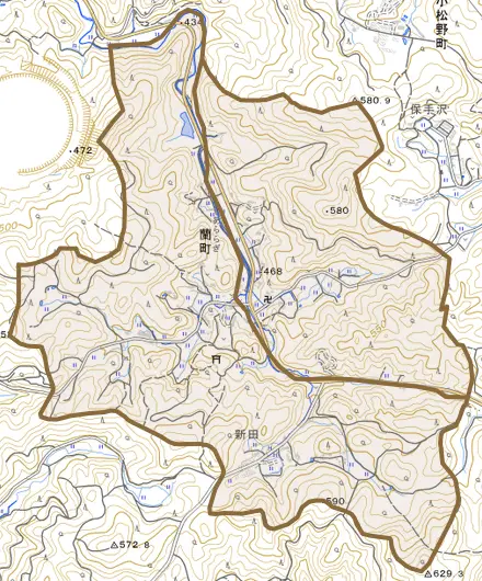 蘭町とその周辺の地図。町の範囲を重ねている