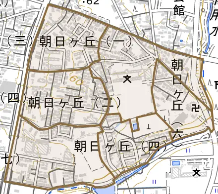 朝日ケ丘とその周辺の地図。町の範囲を重ねている