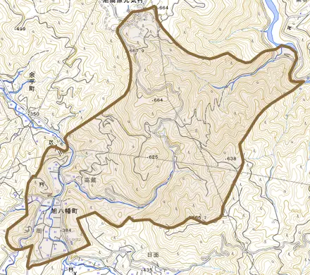 旭八幡町とその周辺の地図。町の範囲を重ねている