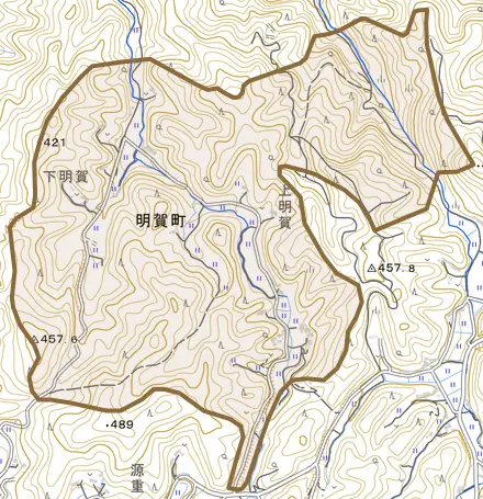 明賀町とその周辺の地図。町の範囲を重ねている
