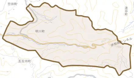 明川町とその周辺の地図。町の範囲を重ねている