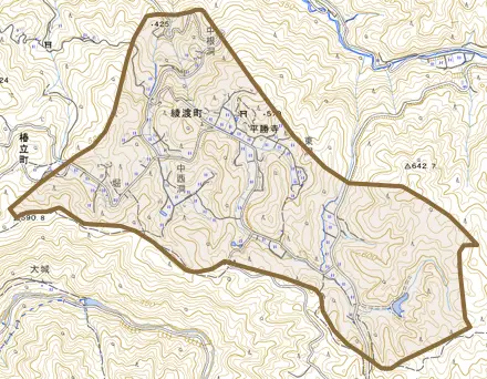 綾渡町とその周辺の地図。町の範囲を重ねている