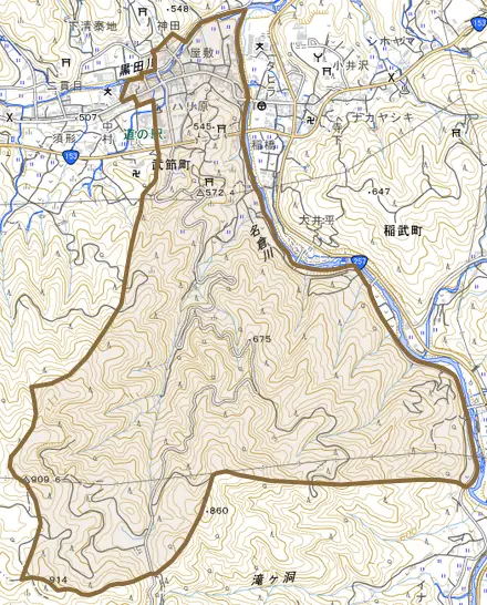 武節町とその周辺の地図。町の範囲を重ねている