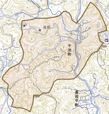 千洗町とその周辺の地図。町の範囲を重ねている