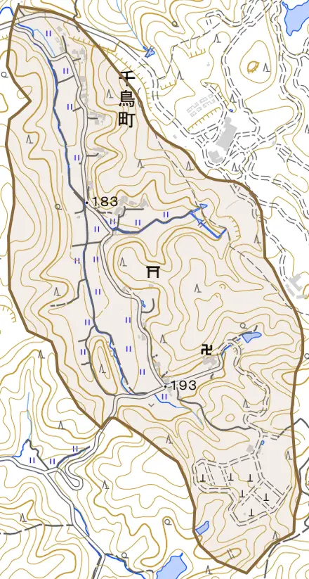 千鳥町とその周辺の地図。町の範囲を重ねている